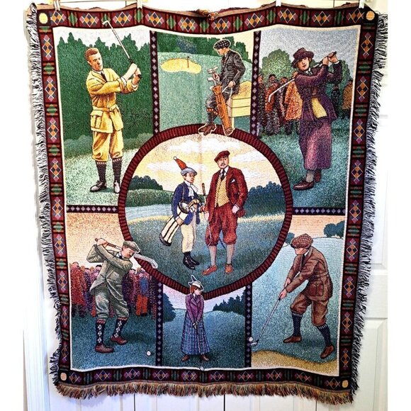 American Weavers Vintage Tapestry Blanket Golf Themed - Picture 2 of 11